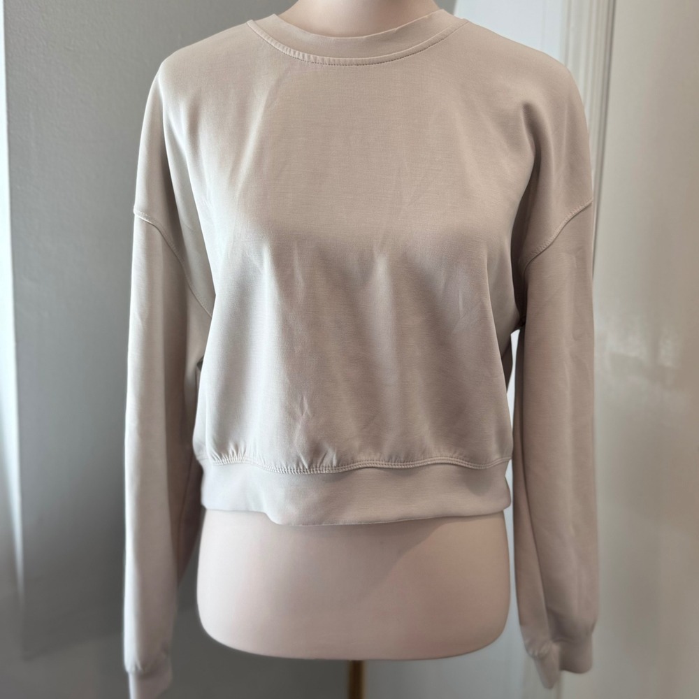 Always You Taupe Soft Cropped Crewneck Stretch Pullover Sweatshirt | Size Small